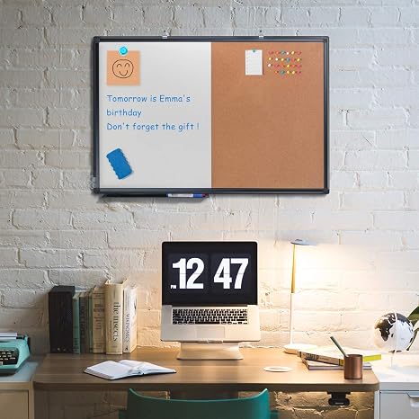 Combination whiteboard and cork board for office or classroom use with notes and accessories.
