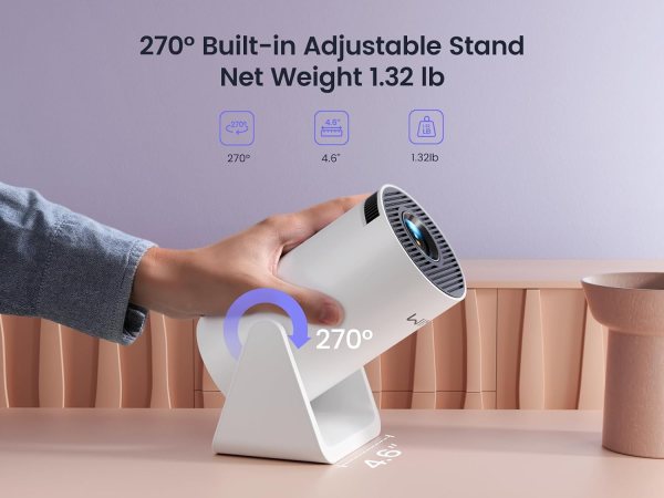 Portable projector with 270° adjustable stand and Bluetooth connectivity.
