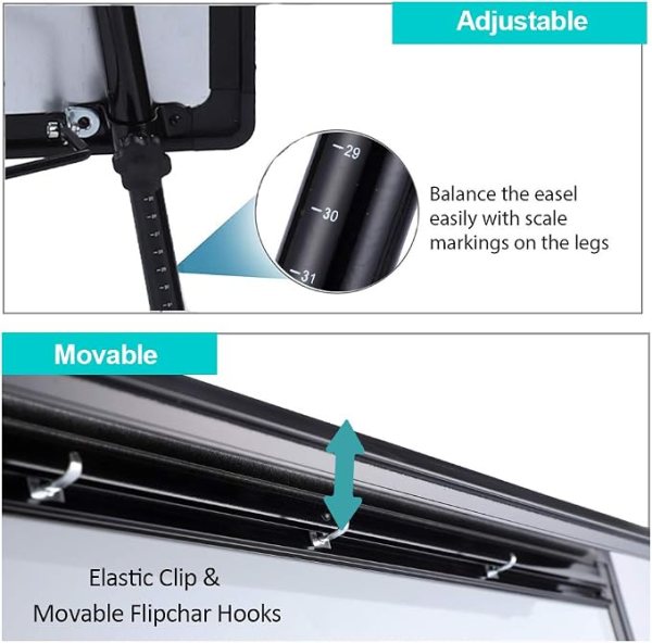 Adjustable whiteboard easel with scale markings for easy height adjustment.