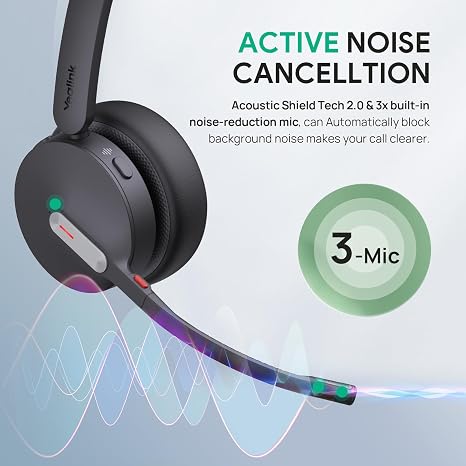 Wireless headset with active noise cancellation, 3-mic system, ideal for calls and office use.