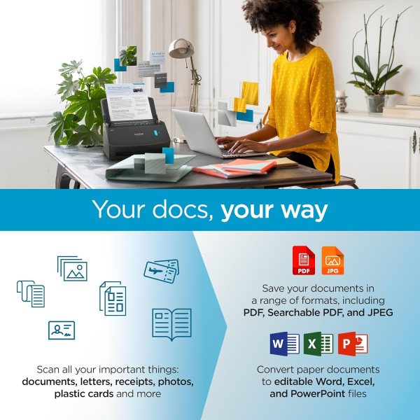 Compact document scanner for business cards, receipts, and photos with one-touch operation.