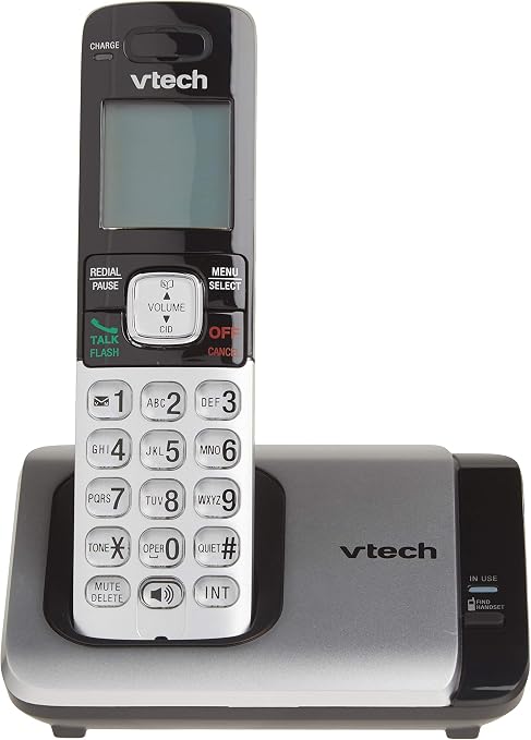 Vtech cordless phone with caller ID, speakerphone, and expandable handsets.