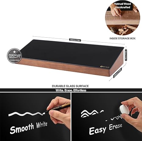 Glass and wood desk organizer with dry erase surface for note-taking.