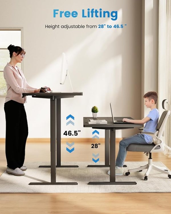Adjustable electric standing desk with memory presets, quiet motor, and ergonomic design for comfort.