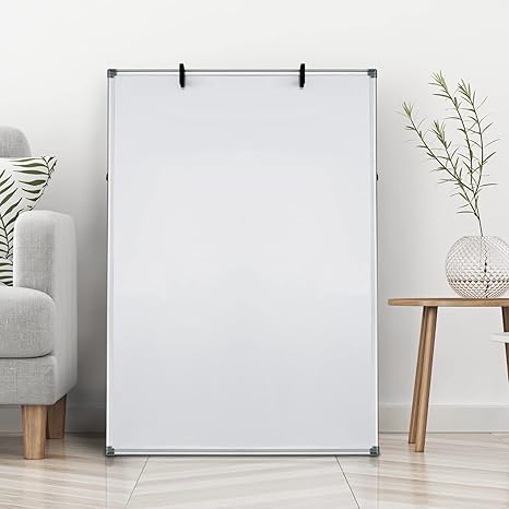 Magnetic whiteboard easel with adjustable stand and flipchart hooks for versatile presentations.