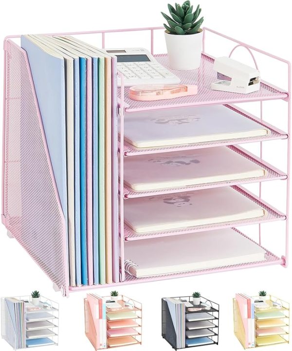Vertical File Organizers with 5 Sliding Trays – Desktop File Storage for Office, Space-Saving Organizer for Papers and Documents