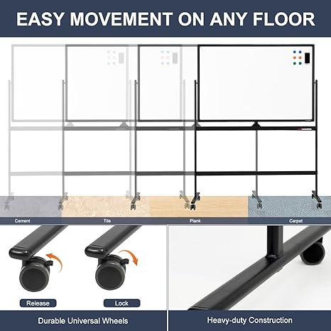 Magnetic double-sided whiteboard on rolling stand for office, classroom, or presentations. Easy to m.