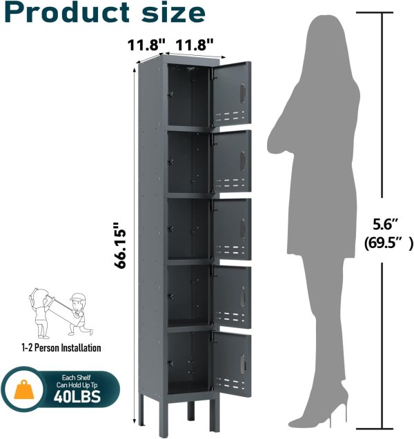 Multi-compartment steel locker for office, school, gym, or employee use.