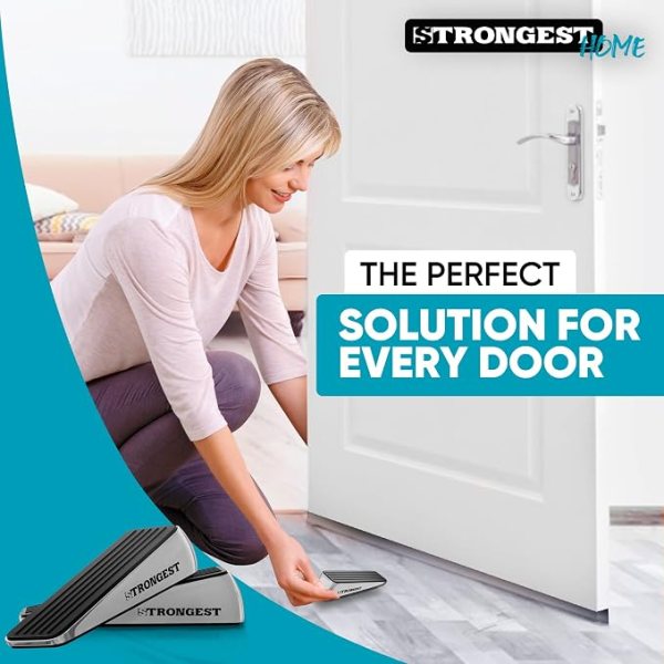 Heavy-duty metal door stop with rubber grip for all floor types, durable and reliable.