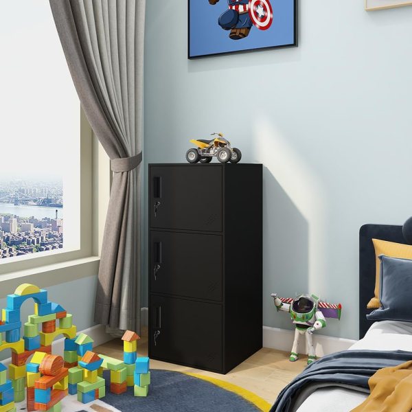 Durable black kids storage locker with multiple compartments in a child's room.
