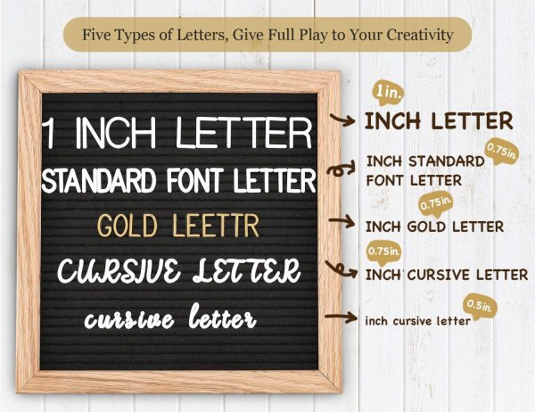 Felt letter board showcasing five types of letters and sizes for creative messages.