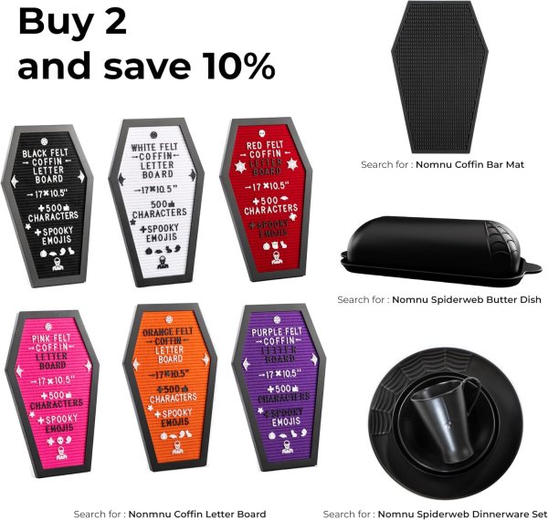 Colorful coffin letter boards with spooky emojis and accessories for Halloween decor.