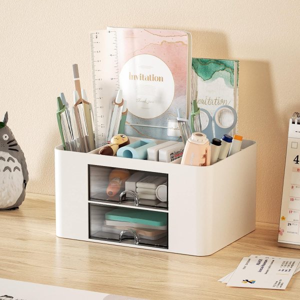 Multi-functional pencil holder with top tray and notebook holder white