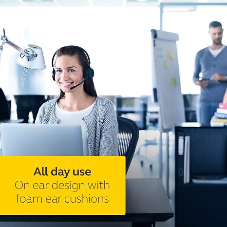 Wired USB headset with superior sound quality, ergonomic design, and foam ear cushions for long-last.