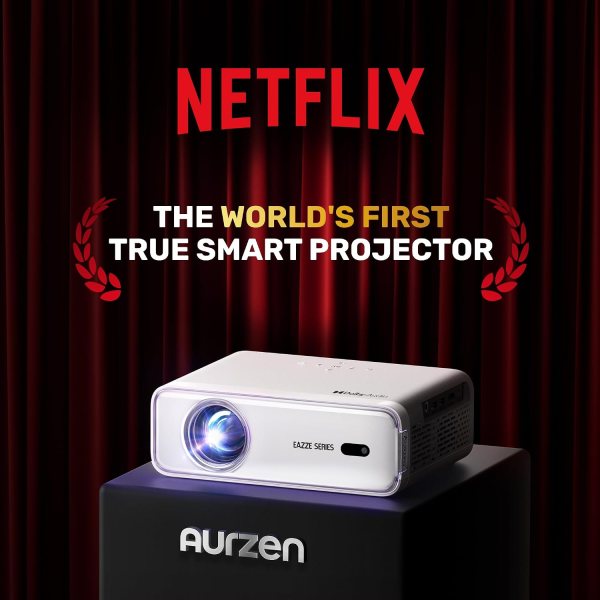 Smart projector with smart TV OS, auto focus, Dolby audio, 1080p resolution, and 4K support for home.