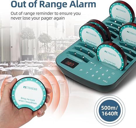Out of range pager alert system for restaurants with vibration and light notifications, up to 1640 f.