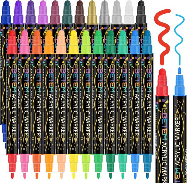Acrylic Paint Pens – Dual Tip Art Markers for Rock, Wood, Fabric, and Canvas – Set of 24 Bright and Vibrant Colors for Artists and Crafters