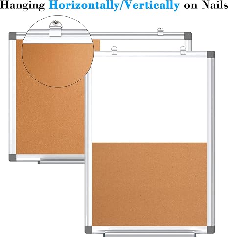 Magnetic cork board showing horizontal and vertical hanging options on nails.
