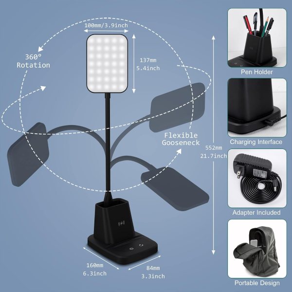 Wireless charging LED desk lamp with adjustable gooseneck, pen holder, and phone stand for versatile.