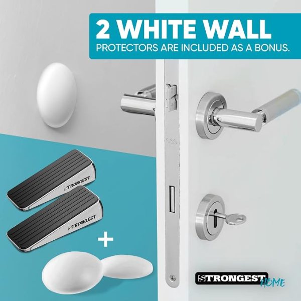 Heavy duty door stop with rubber grip for all floor types, durable metal construction, and easy inst.
