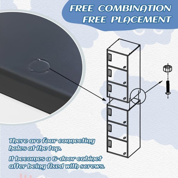 Durable metal children's storage cabinet with six doors and free placement options.