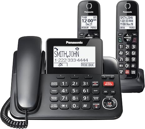 Office Phone System with Corded Base Unit & 2 Cordless Handsets – Advanced Call Blocking, 2-Way Recording, and Hands-Free Functions