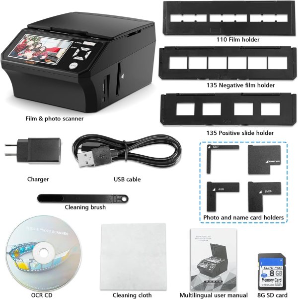 High-resolution film scanner with 22MP sensor, LCD screen, and multiple film holders for easy photo.