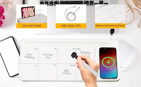 Wireless desk organizer with built-in whiteboard and charging pad for workspace efficiency. Perfect.