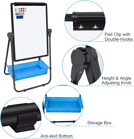 Whiteboard easel with 360° rotation, height & angle adjustment, storage box, and anti-skid bottom fo.