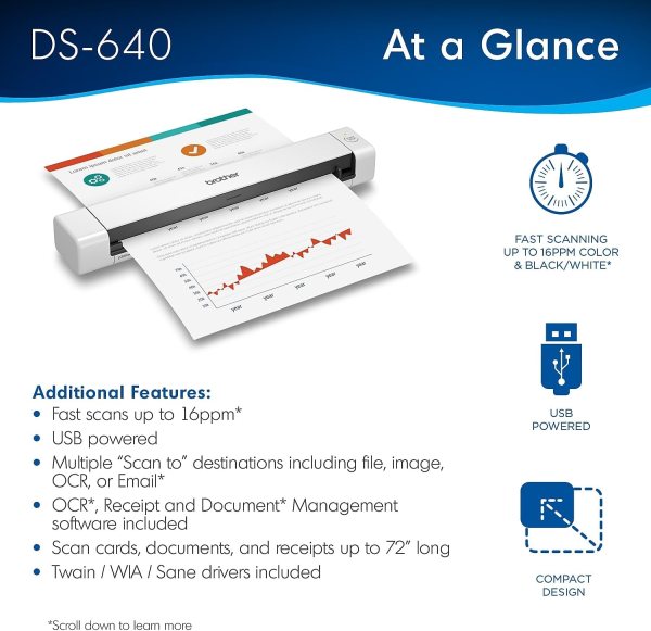 High-speed portable scanner with 16ppm color and black & white scanning capabilities.