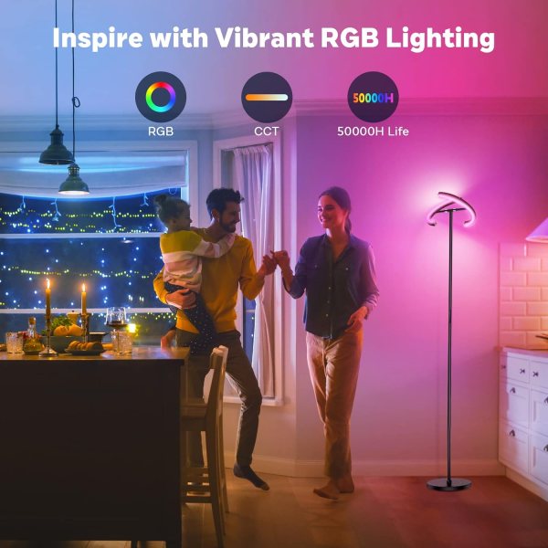 RGB floor lamp with color changing modes, adjustable brightness, and 350° rotatable head, ideal for.
