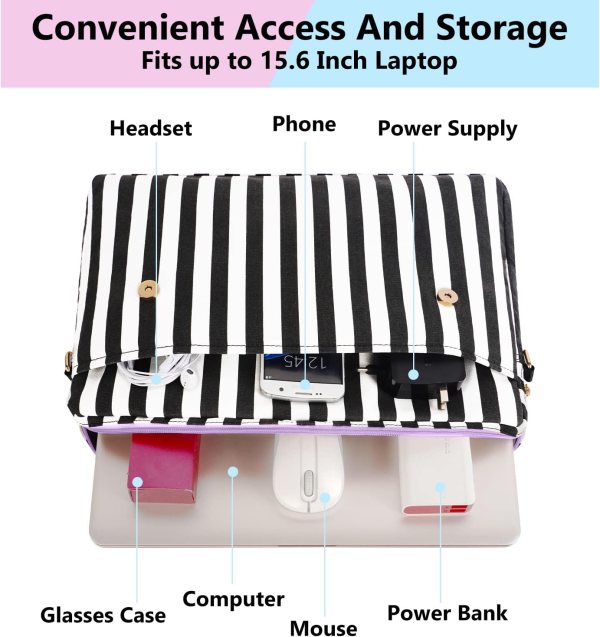 Stylish black and white striped crossbody bag with compartments for tech accessories.
