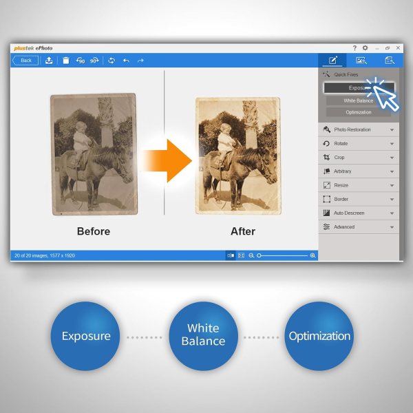 Digital photo scanner restoring old black and white photos with image enhancement.