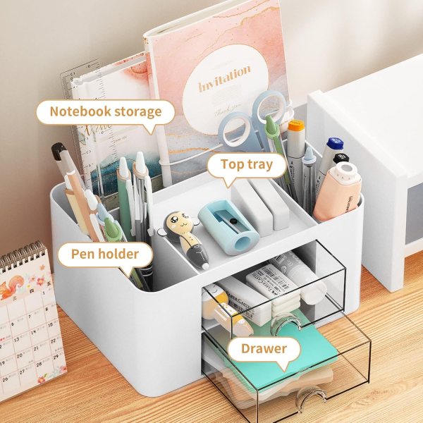 Desk pen organizer transparent drawer open showing storage compartments
