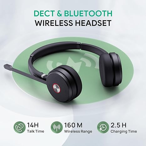 Wireless Bluetooth headset with DECT technology, noise cancelling, and full-duplex speaker for Teams.