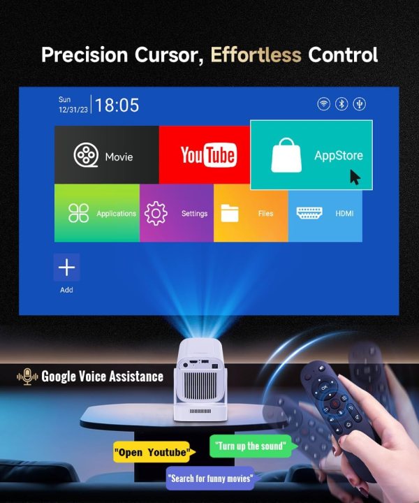 Smart projector screen displaying app icons and controls for media and settings.