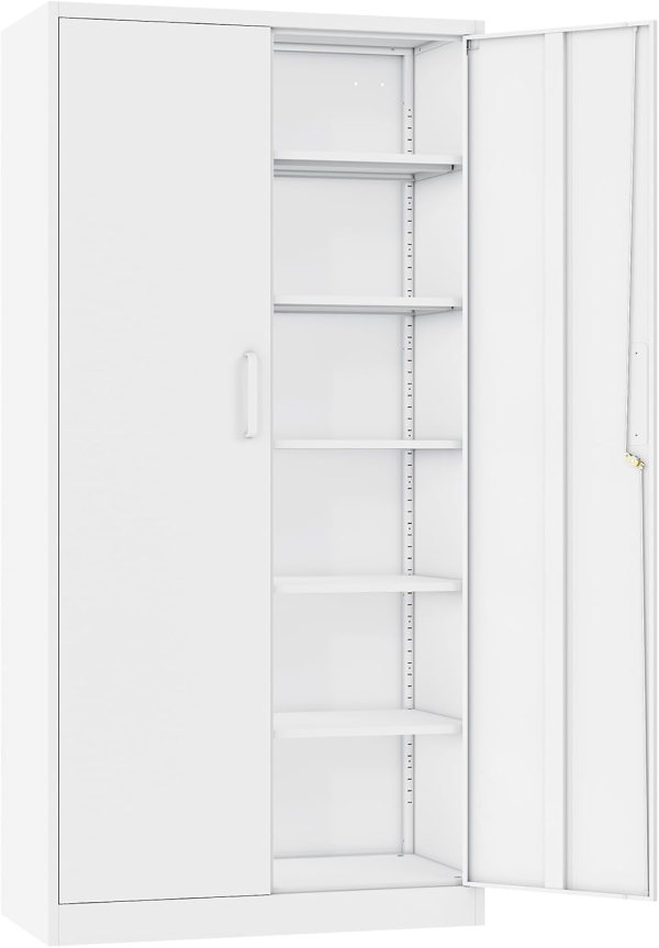 White Metal Garage Storage Cabinet with 5 Adjustable Shelves, Metal Cabinet with Locking Doors