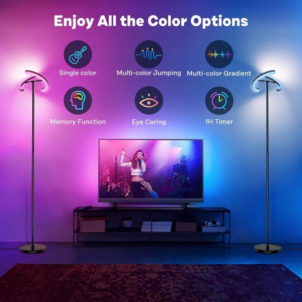 Color changing LED floor lamp with multiple modes, adjustable brightness, and 350° rotatable head fo.