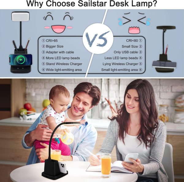 Wireless Charging LED Desk Lamp with Adjustable Gooseneck and Touch Control.
