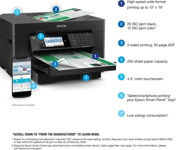 High-speed wide-format printer with duplex printing, 250-sheet capacity, and wireless connectivity.
