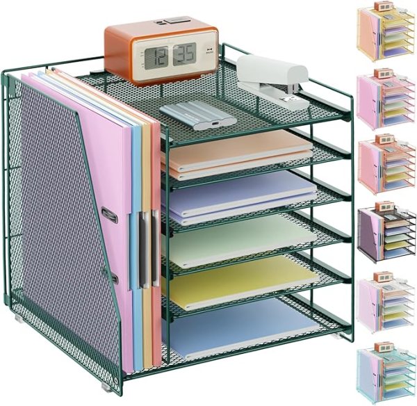 File Organizer – Vertical Desk Organizer with 6 Tray Spaces and Magazine Rack, Durable Steel Frame for Office Storage and Organization