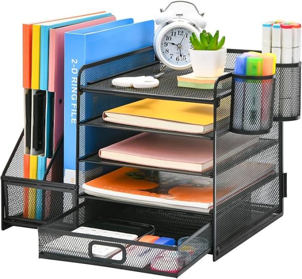 Marbrasse Desk Organizer with Sliding Trays, Magazine Holders, and Hanging Pen Holders for Office Organization