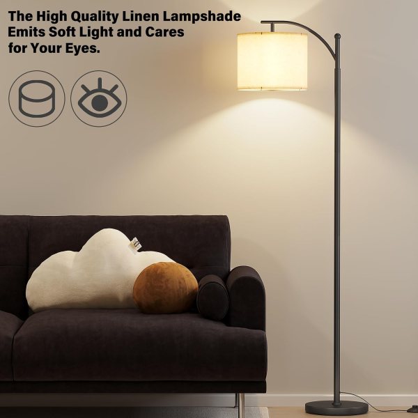 Adjustable LED arc floor lamp with linen lampshade, perfect for living rooms, bedrooms, and offices.