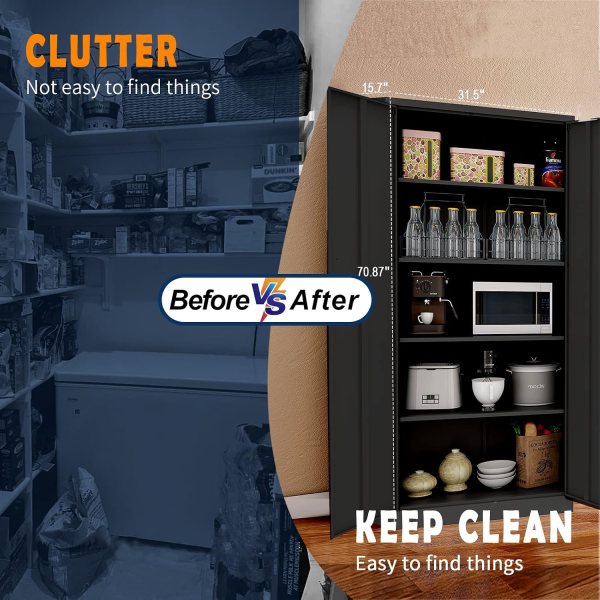 Black storage cabinet with adjustable shelves and organized items.
