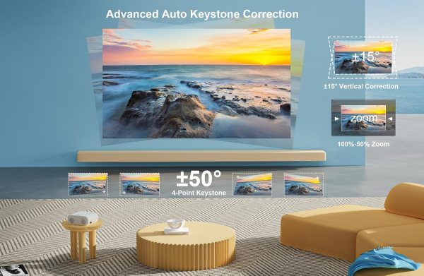 Outdoor projector with AI autofocus, 4K support, Bluetooth, and Wi-Fi for home theater & outdoor mov.