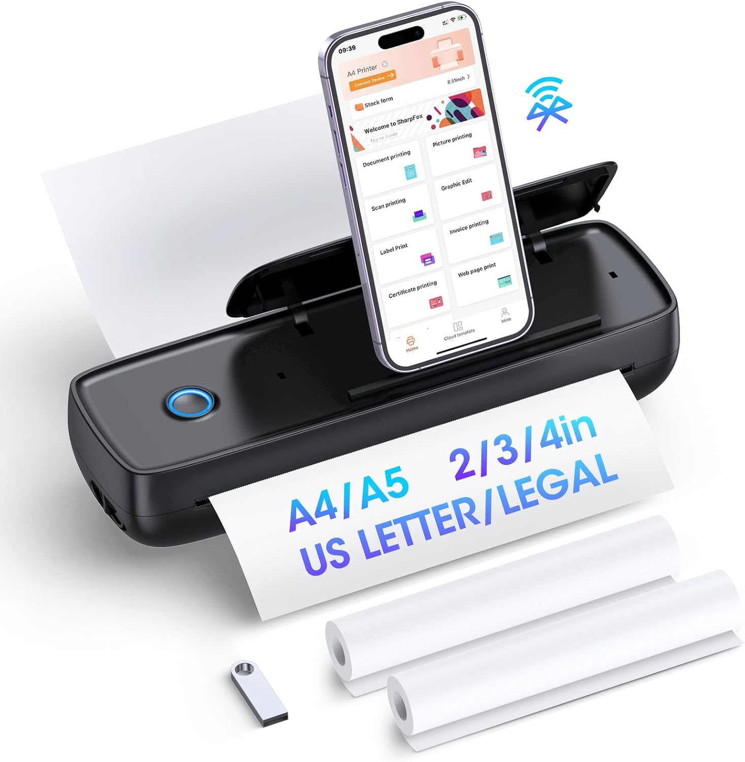 Mini Portable Printer with phone holder, Thermal-Wireless-Bluetooth-Mini Inkless-Printer