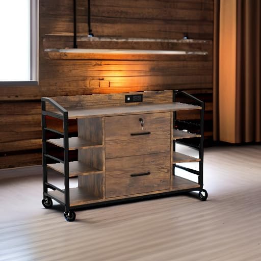 Secure filing cabinet with lock, 2 drawers, adjustable shelves, charging ports, and rolling casters.