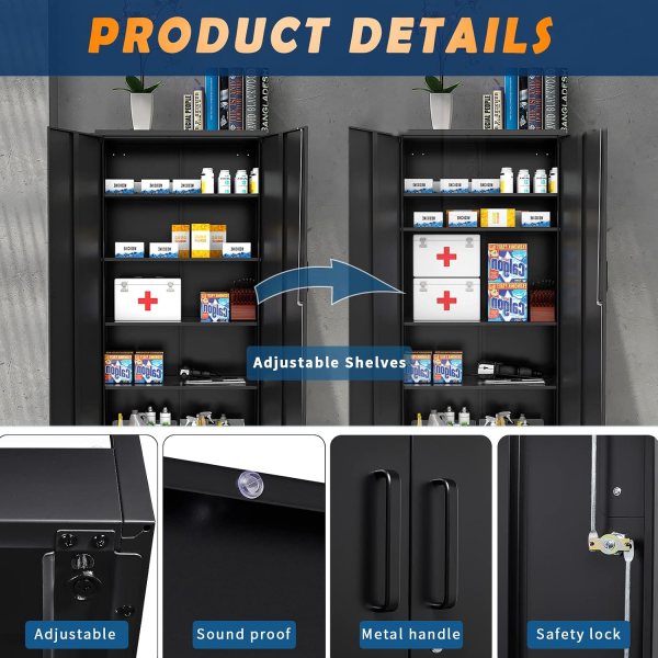 Heavy duty storage cabinet with adjustable shelves and safety lock for industrial use.