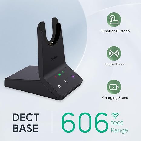 DECT & Bluetooth wireless headset charging dock with 606 ft range, signal base, and function buttons.