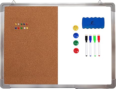 Magnetic Board Corkboard Set – Includes Dry Erase Board, Eraser, Markers, Magnets, and Push Pins for Office and Home Organization